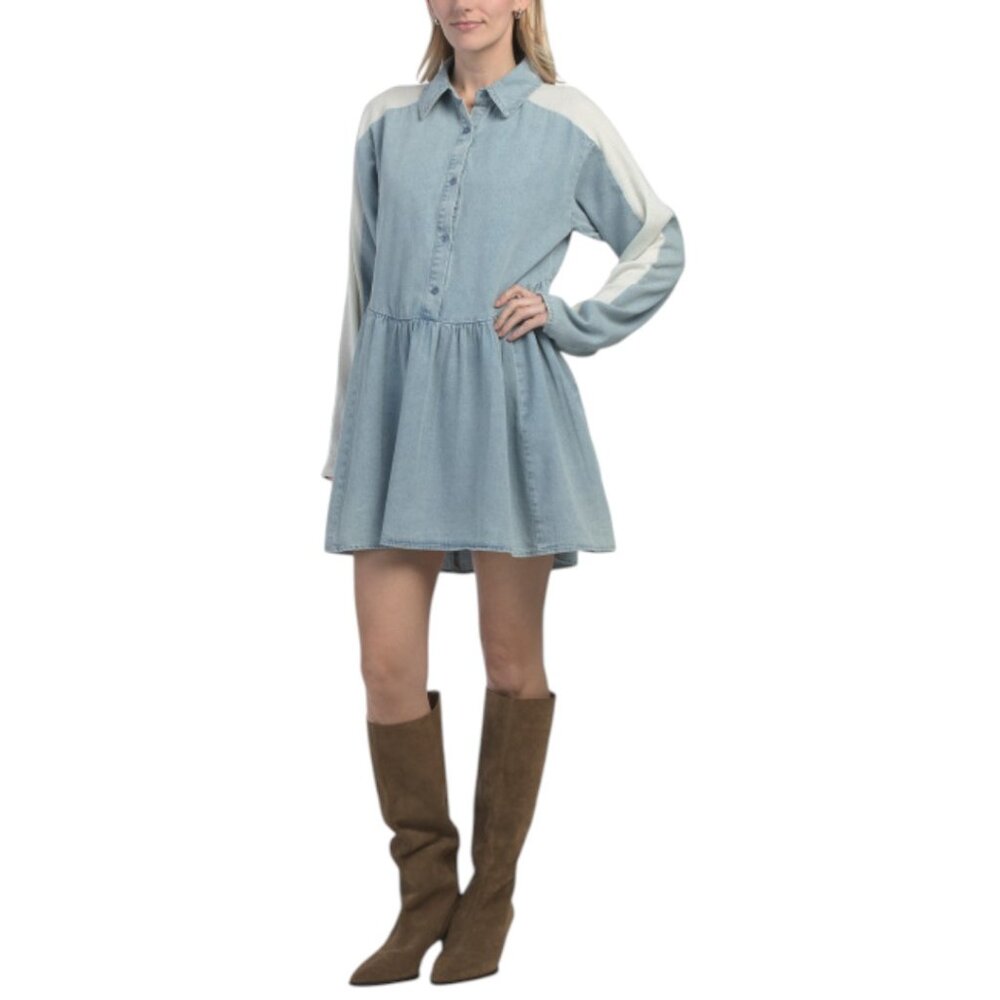 IN FEBRUARY Washed Denim Babydoll Mini Dress With Thermal Sleeves